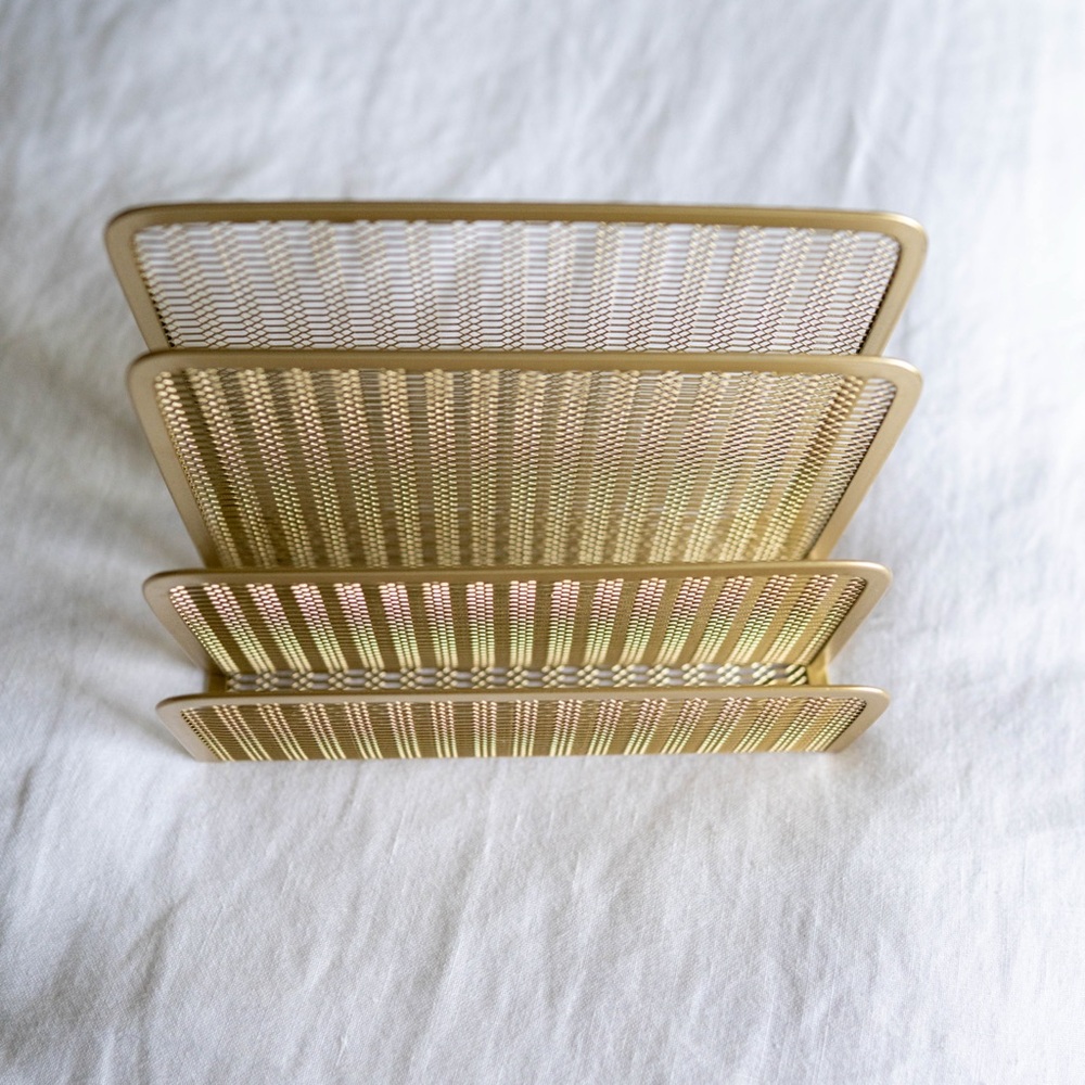 Gold Metal Mesh Desk Organizer / Mail Sorter – 4 Slot Office Organizer